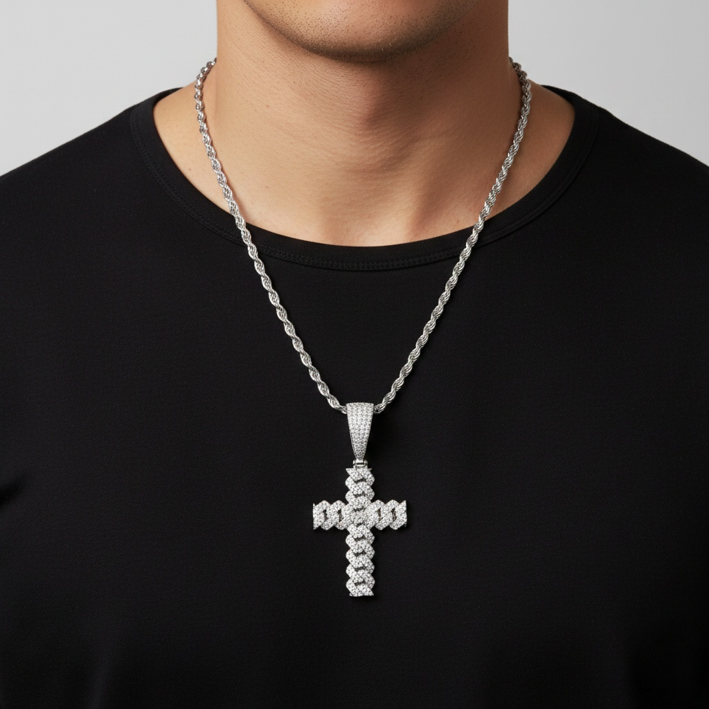 Cuban Moissanite Cross Necklace