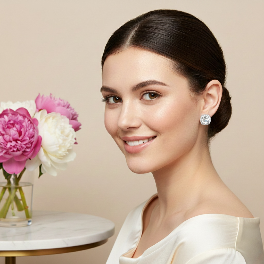 Square Moissanite Halo Earrings (Adjustable)