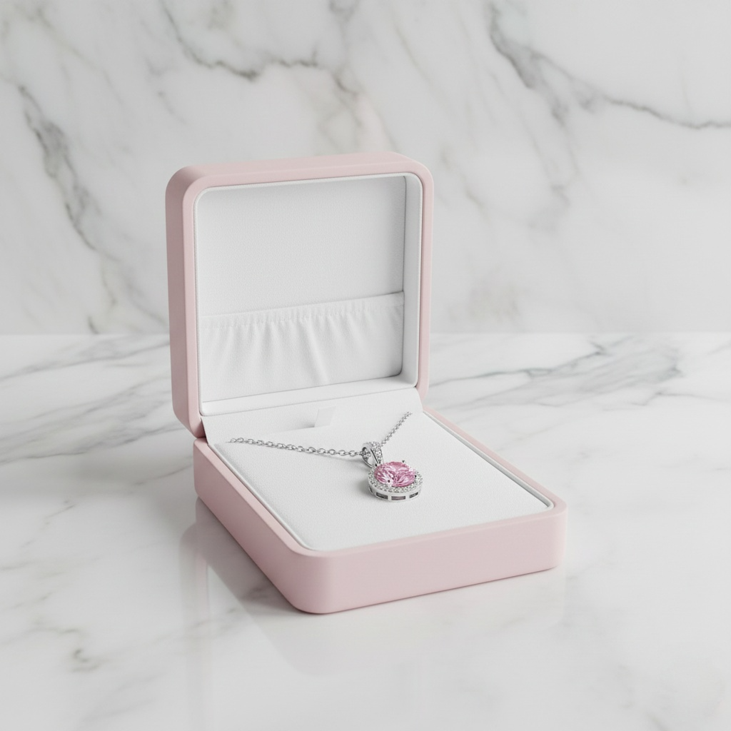 Pink Moissanite Halo Necklace