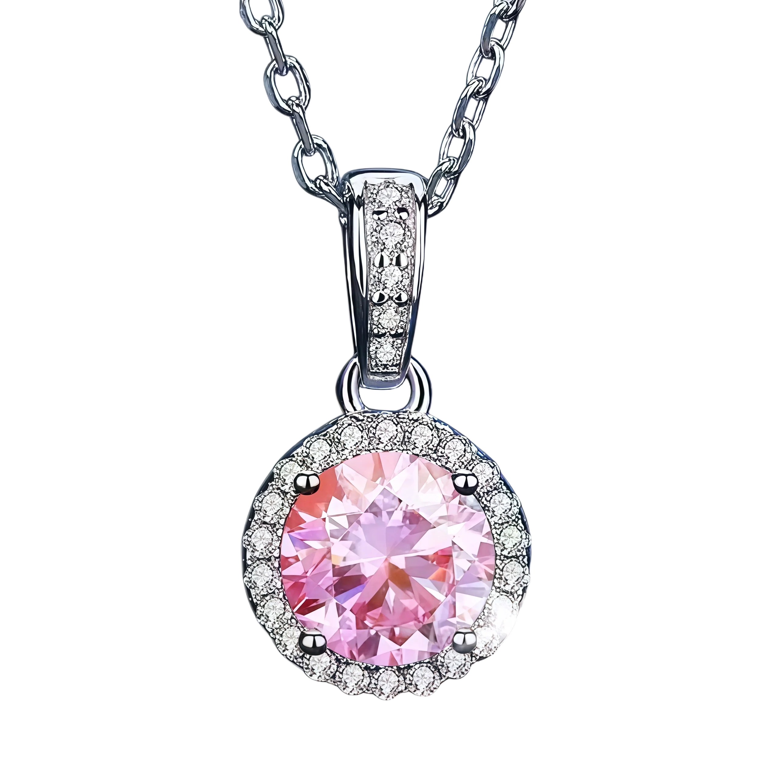 Pink Moissanite Halo Necklace